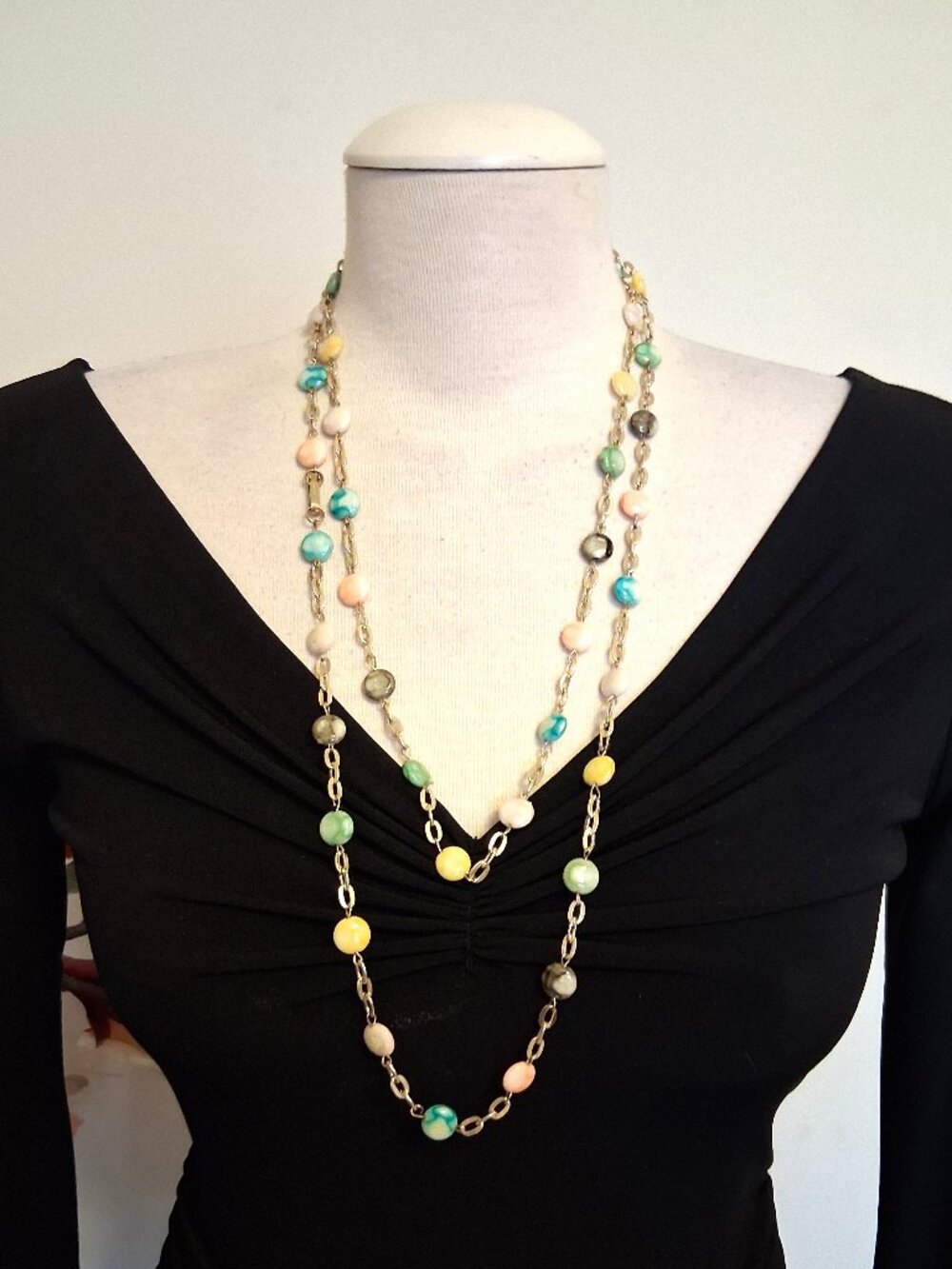 Vintage Multi Color Beads Handmade Long Gold-Plated Link Necklace VTG Jewelry